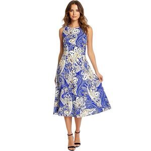 Kasper Dress Womens Sz 8 Blue Sleeveless Midi Paisley Retro Hipster Bohemian